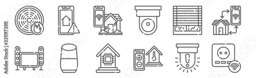 set of 12 smart home icons. outline thin line icons such as plug, temperature control, google home, window, smart home, warning
