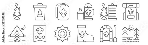 set of 12 scouts icons. outline thin line icons such as nature, boots, rank, fishhook, sleeping bag, bin