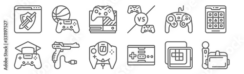 set of 12 gaming icons. outline thin line icons such as virtual reality, gamepad, shooting game, gamepad, game console, gamepad