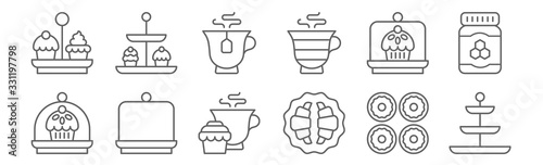 set of 12 high tea icons. outline thin line icons such as tea stand, croissant, cake, cake dome, tea, cupcakes