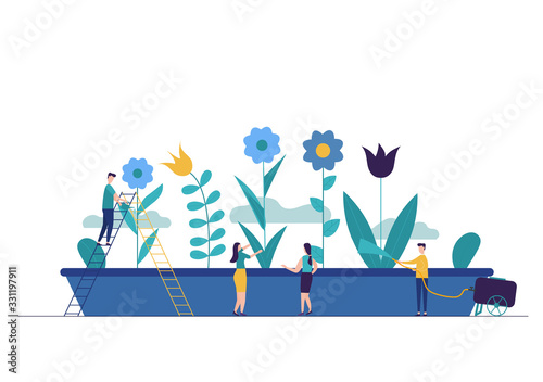Vector illustration of spring flowers on white background, gardeners look after the garden, growing and studying plants in nature, clean ecology, a man watering with a hose plant