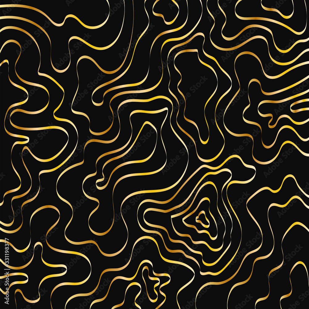 Liquid gold linear abstract background on black, design fluid wallpaper