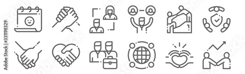 set of 12 friendship icons. outline thin line icons such as develop, around the world, respect, help, relationship, support