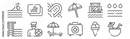 set of 12 swimming pool icons. outline thin line icons such as coconut drink, first aid kit, lifeguard, resort, inflatable boat, member card