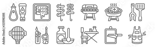 set of 12 bbq and grill icons. outline thin line icons such as apron, dinner table, lighter, grill, mushrooms, sausage