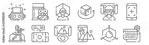 set of 12 virtual reality icons. outline thin line icons such as data, augmented reality, virtual reality, virtual gaming