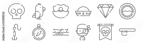 set of 12 pirates icons. outline thin line icons such as eyepatch, pirate, compass, diamond, clam, parrot