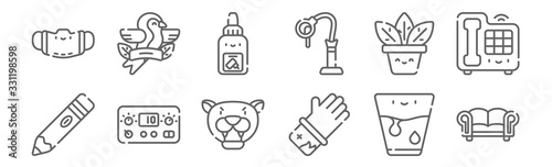 set of 12 tattoo studio icons. outline thin line icons such as sofa, glove, power supply, plant, ink, bird