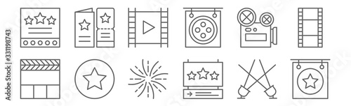 set of 12 film icons. outline thin line icons such as , star, video camera, movie,