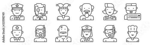 set of 12 jobs icons. outline thin line icons such as chef, policewoman, snorkel, doctor, joker, mayor