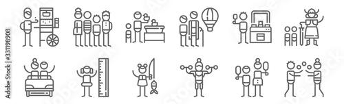 set of 12 amusement park icons. outline thin line icons such as juggler, circus, height, whack a mole, game, queue