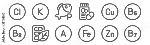 set of 12 vitamin icons. outline thin line icons such as vitamin, vitamin, herbs, fish,