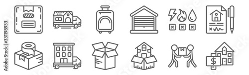 set of 12 removals icons. outline thin line icons such as house, moving, moving, utilities, suitcase, moving truck