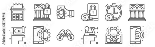 set of 12 finance and money icons. outline thin line icons such as smartphone, market, smartphone, stopwatch, cash, banking