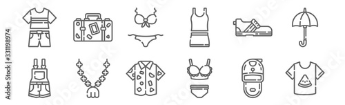 set of 12 summer clothing icons. outline thin line icons such as shirt, underwear, pendant, shoes, bikini, luggage