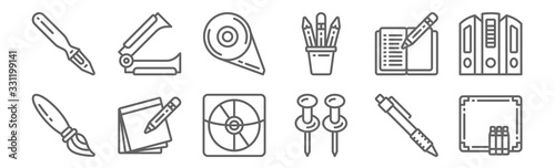 set of 12 stationery icons. outline thin line icons such as whiteboard, push pin, notes, notebook, cutter, stapler remover