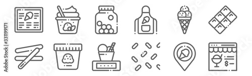 set of 12 icecream shop icons. outline thin line icons such as online shop, sprinkles, ice cream, ice cream, cones, ice cream