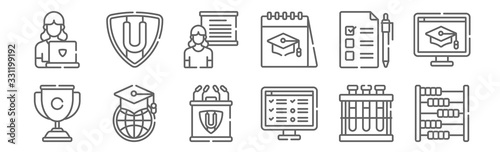 set of 12 university icons. outline thin line icons such as abacus, test, earth, test, presentation, shield