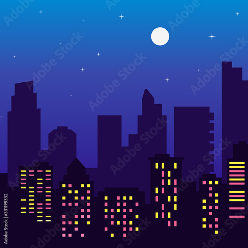 Night silhouette of buildings with colorful windows  full moon stars  cartoon style