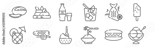set of 12 summer food and drink icons. outline thin line icons such as ice cream, pasta, corn, fish, water, bruschetta