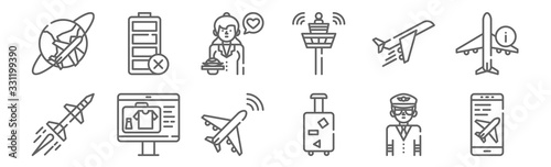 set of 12 aviation icons. outline thin line icons such as smartphone, suitcase, scan, plane, stewardess, battery