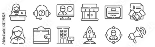 set of 12 business icons. outline thin line icons such as promotion, rocket, wallet, certificate, video call, customer service