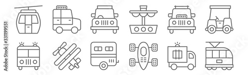 set of 12 transport icons. outline thin line icons such as tram, go kart, aeroplane, suv, car, suv