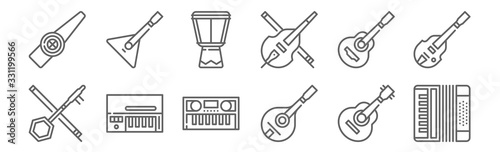 set of 12 music instruments icons. outline thin line icons such as accordion, mandolin, clavinet, spanish guitar, djembe, balalaika