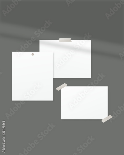 Mood board mockup. Empty sheets of white paper on the wall. Mockup vector isolated. Template design. Realistic vector illustration.