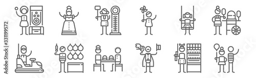 set of 12 amusement park icons. outline thin line icons such as balloon, magician, balloons, swing, game, bearded woman