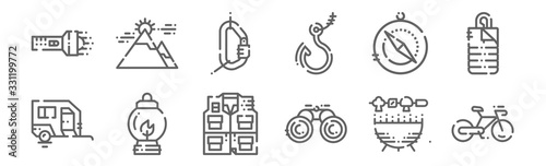 set of 12 camping icons. outline thin line icons such as bicycle, binoculars, lamp oil, compass, carabiner, mountain