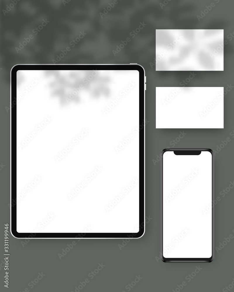 Vector stationery mockup with tablet, smartphone, business cards. Mockup vector with shadows overlays. Branding stationery mockup scene. Mockup vector isolated. Template design. 