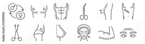 set of 12 plastic surgery icons. outline thin line icons such as wrinkle, woman, belly, buttocks, torso, breast