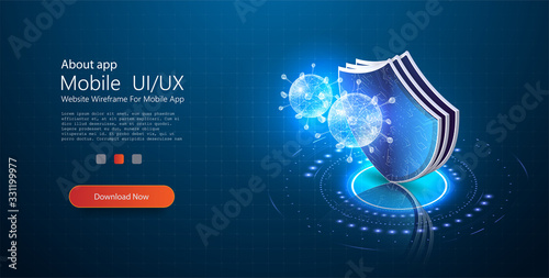 Virus protection, website page template. China Wuhan coronavirus epidemic. Shield with protecting from bacteria, virus, microbes. Coronavirus 2019-nCov novel coronavirus concept. Vector web banner