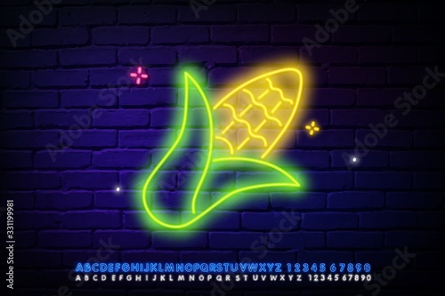 Corn Neon Sign. Vector Illustration of the promotion of vegetables on thanksgiving day. Neon text.