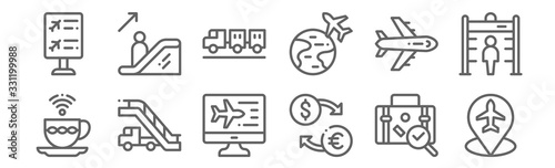 set of 12 airport icons. outline thin line icons such as placeholder, exchange, aircraft stairs, airplane, carrier, escalator up