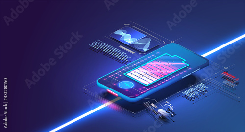 Futuristic phone is charged wirelessly on a blue background. Wireless charging. Wireless charging of the smartphone battery. Future concept. The progress of charging the battery of the phone. Vector