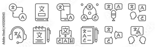 set of 12 translator icons. outline thin line icons such as translator, form, notes, languages, translator, dictionary