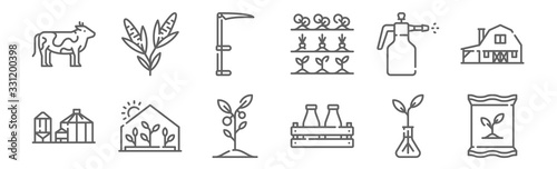 set of 12 agriculture icons. outline thin line icons such as fertilizer, milk, house, sprayer, scythe, corn