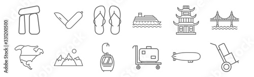 set of 12 travelling icons. outline thin line icons such as cargo trailer, trolley with suitcase, mountains with moon, chinese temple, two step ins, knife folded