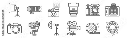 set of 12 photo icons. outline thin line icons such as light, video camera, stabilizer, camera, lomography, len