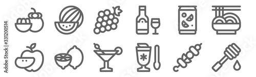 set of 12 summer food and drink icons. outline thin line icons such as honey, milkshake, lemon, soda, grape, watermelon
