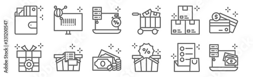 set of 12 discount icons. outline thin line icons such as online payment, shopping basket, shopping list, boxes, timer, barcode scan photo