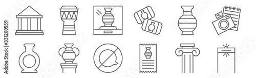 set of 12 museum icons. outline thin line icons such as metal detector, invoice, vase, cultures, vase, drum