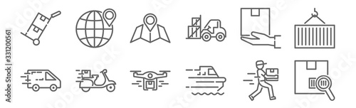 set of 12 logistics and shipping icons. outline thin line icons such as track, ship, scooter, sending, navigation, map location