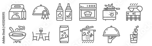 set of 12 restaurant icons. outline thin line icons such as appetizer, boil, restaurant, fryer, chili sauce, cloche