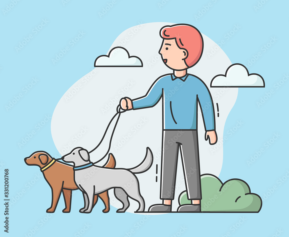 Walking Dogs Concept. Male Character Dog Walker Is Walking With Dogs In The  Park. Four Legged