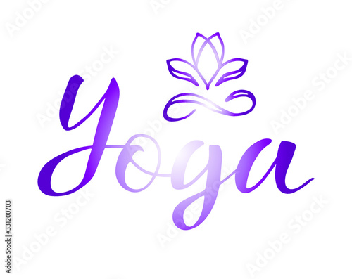  vector illustration lettering, symbol, yoga, purple gradient color. Freehand drawing. white background