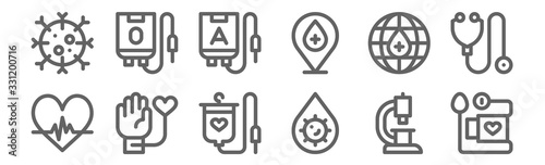 set of 12 blood donation icons. outline thin line icons such as blood pressure, platelet, transfusion, global, blood type,