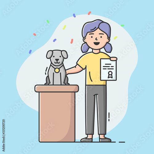 Dog Exhibition Concept. Woman Holds In Hand Certificate From Animal Exhibition. Girl Prouds Of Her Pet. Pretty Dog Sitting On Podium With Gold Medal. Cartoon Linear Outline Flat Vector Illustration